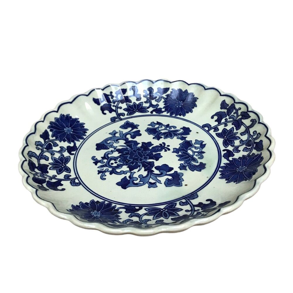 Vintage Large 10.5 Dark Blue White Floral Asian Plate Stoneware Charger Plate - Picture 2 of 6